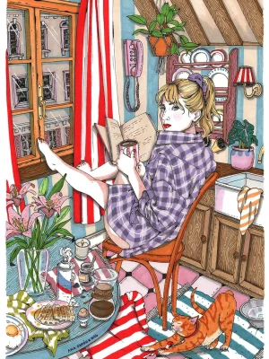 Lámina "Ventana, café y gato"