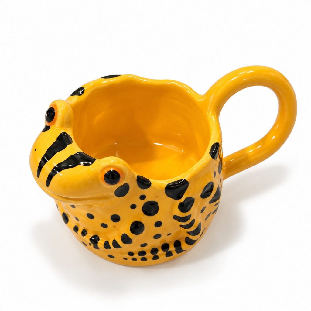 Taza de cerámica ranita amarilla de Maru Maravilla, hecha a mano en Bilbao, vista superior