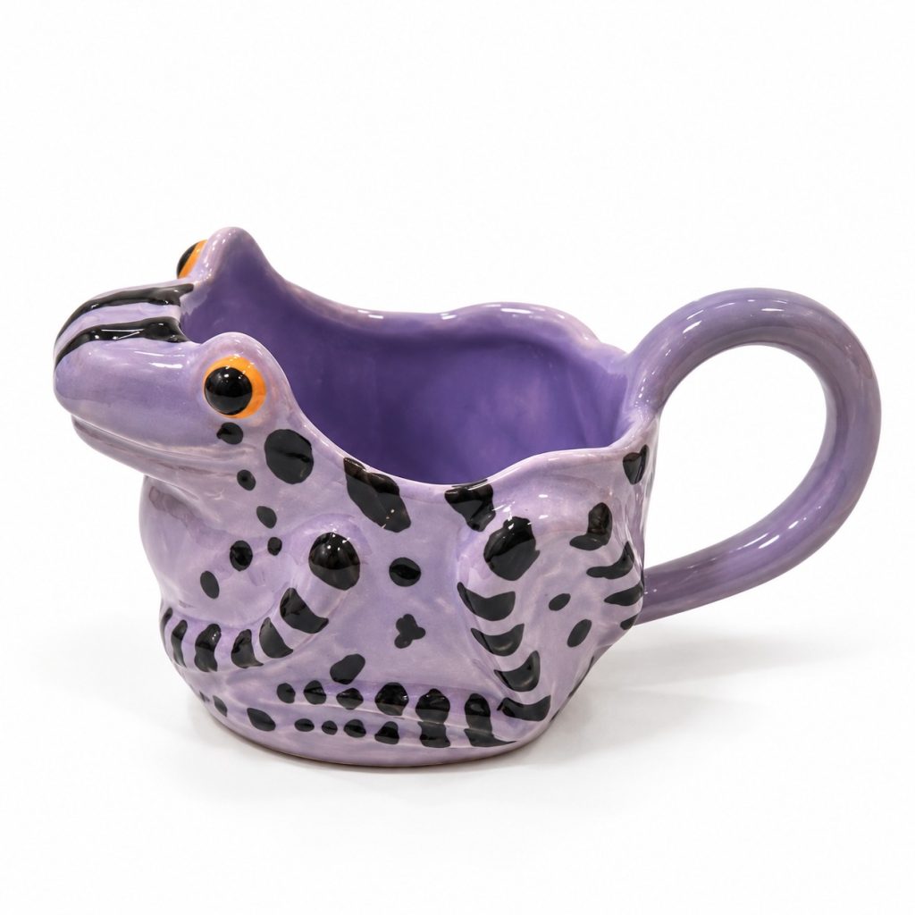 Taza de cerámica ranita lila de Maru Maravilla, hecha a mano en Bilbao, vista lateral
