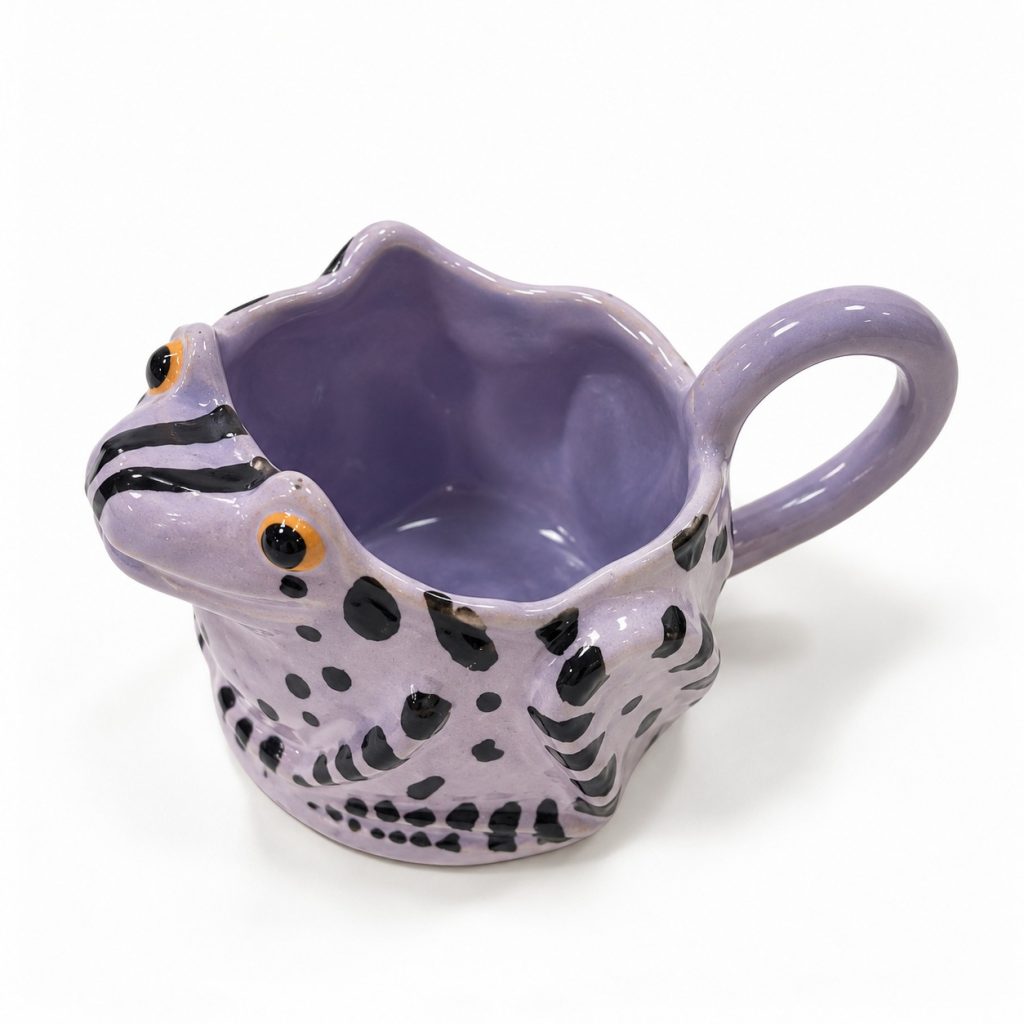 Taza de cerámica ranita lila de Maru Maravilla, hecha a mano en Bilbao, vista superior