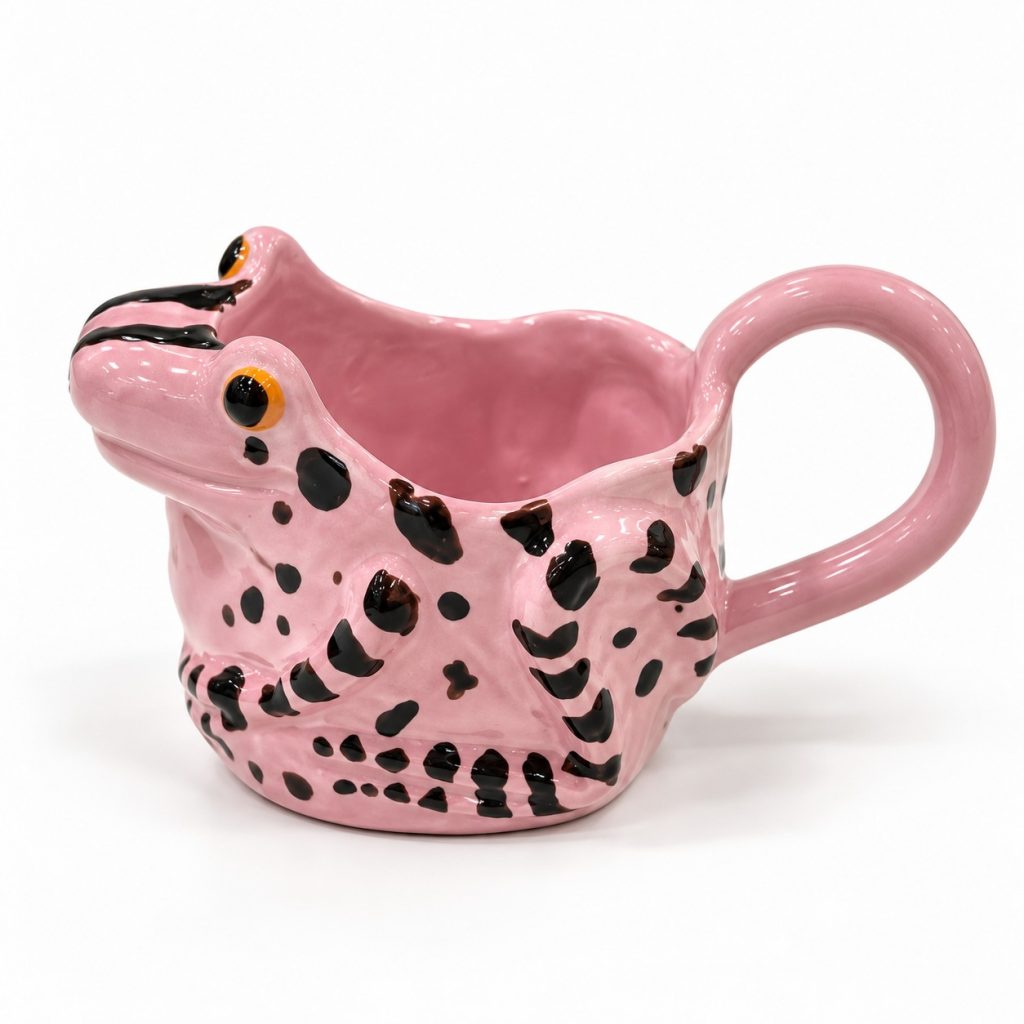 Taza de cerámica ranita rosa de Maru Maravilla, hecha a mano en Bilbao, vista lateral
