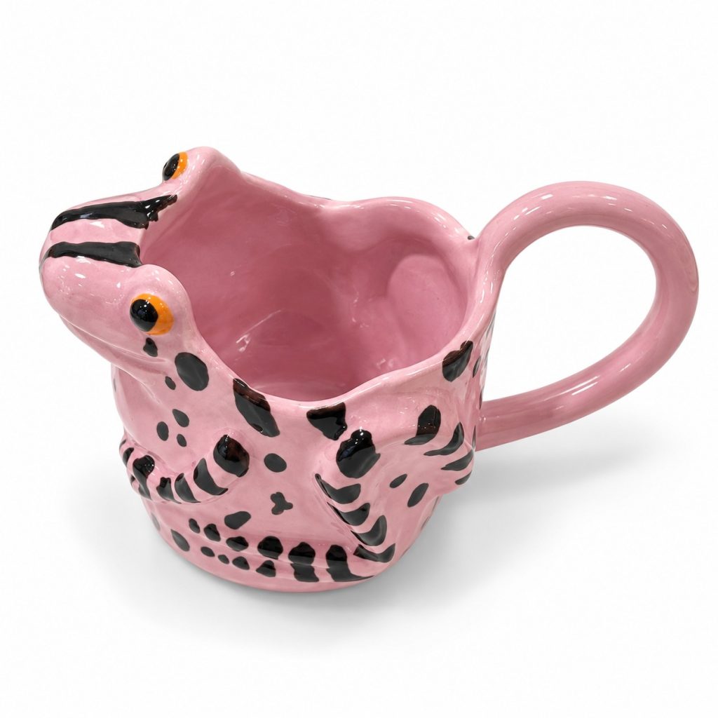 Taza de cerámica ranita rosa de Maru Maravilla, hecha a mano en Bilbao, vista superior